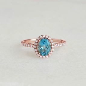 Shimmer Effect Bold Option Oval Swiss Blue Topaz Halo Ring Rose Gold - Suna