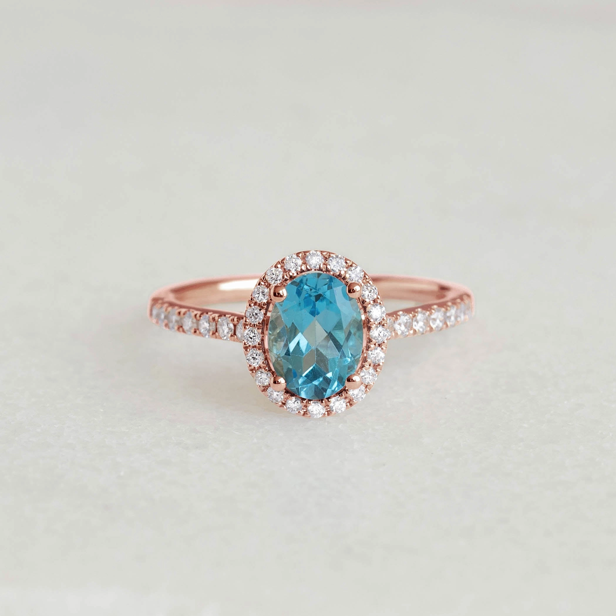 Oval Swiss Blue Topaz Halo Ring Rose Gold - Suna Celebration Ready Delicate Finish
