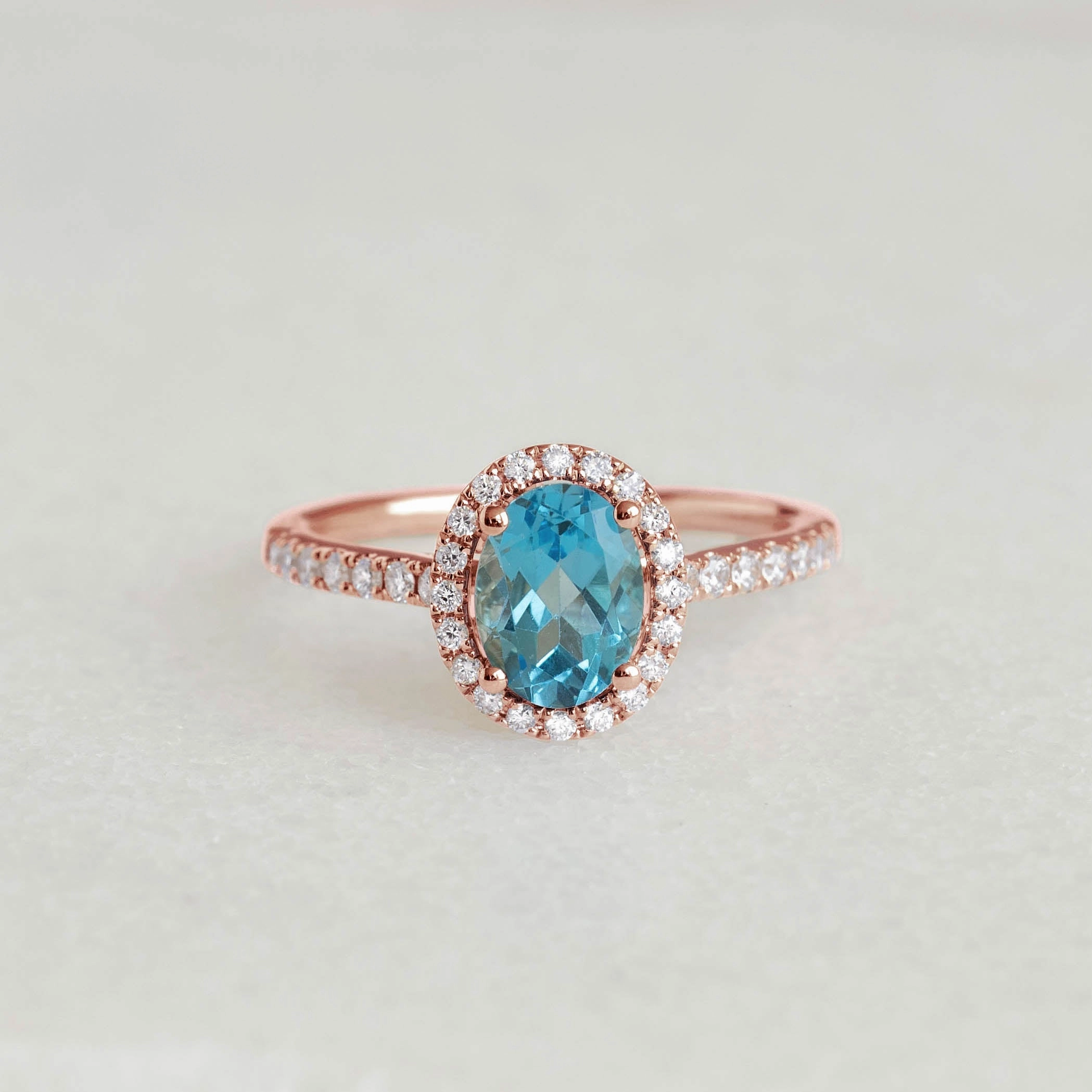 Formal Layer Oval Swiss Blue Topaz Halo Ring Rose Gold - Suna