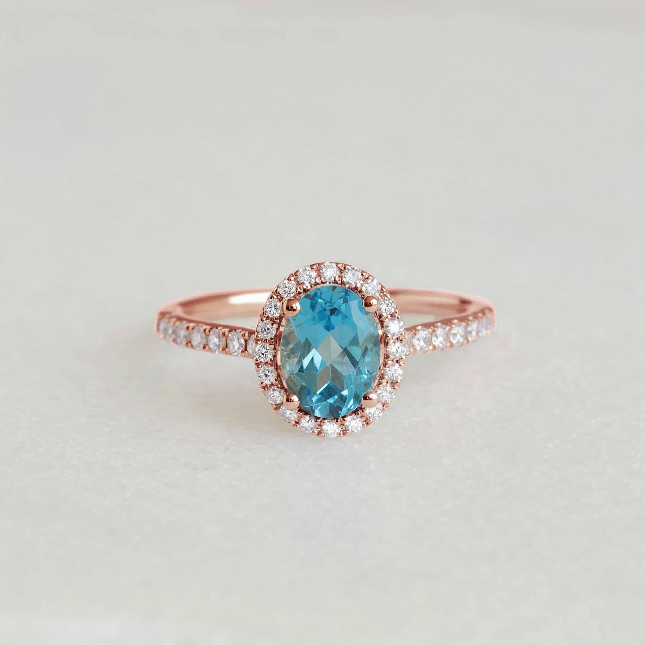 Modern pieces Oval Swiss Blue Topaz Halo Ring Rose Gold - Suna