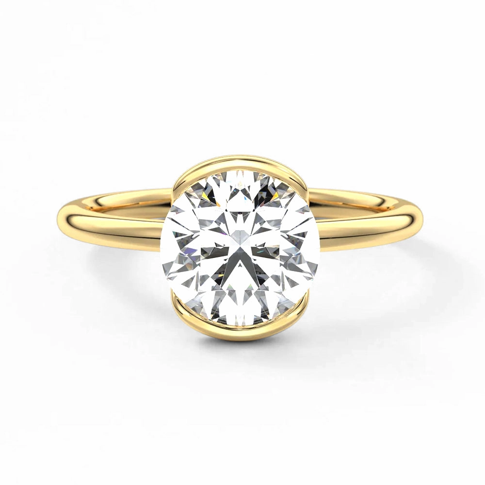 Half Bezel Moissanite Round Cut Engagement Ring Soft Edge