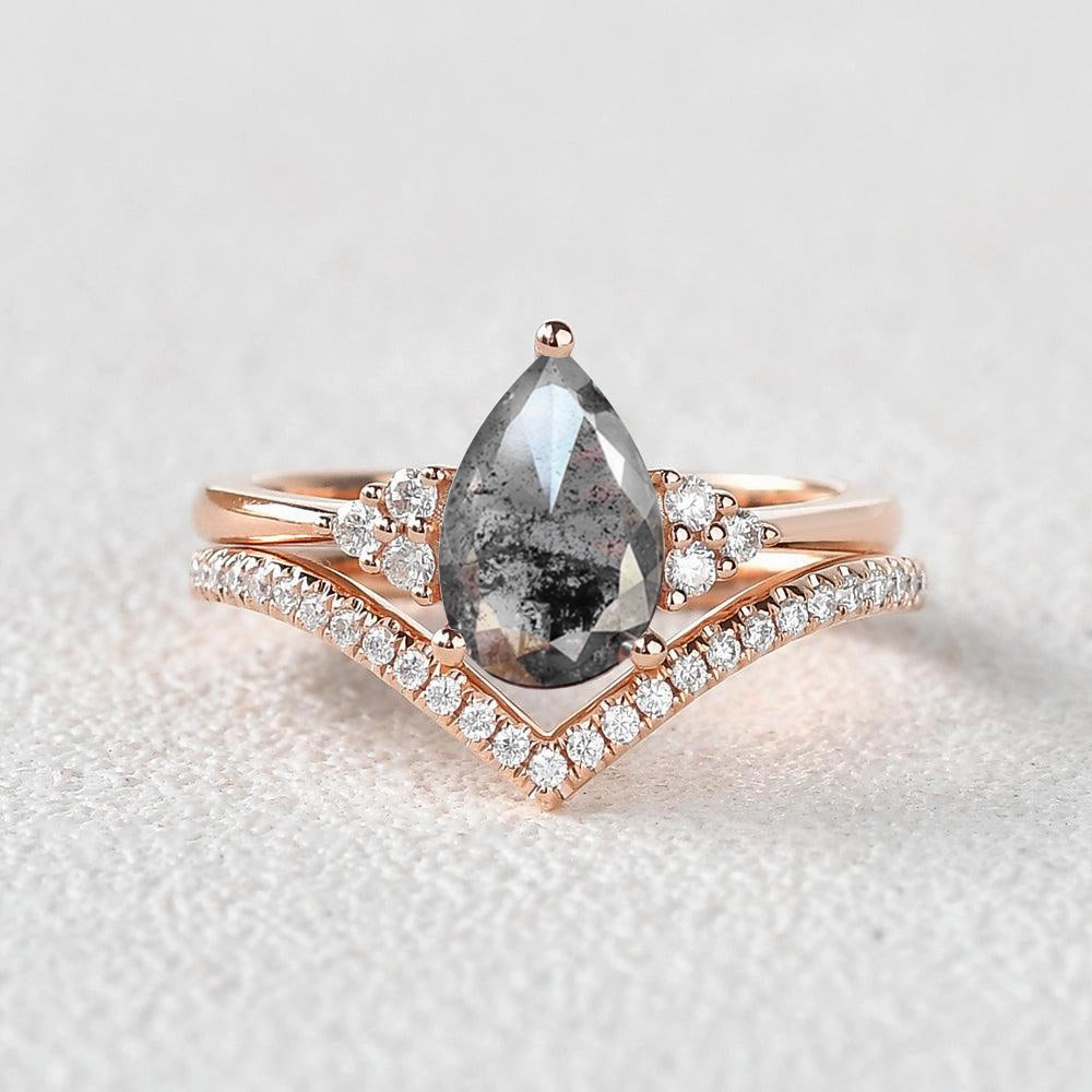 Luxury Appeal Cool Chic Pear Cut Black Rutilated Quartz Classic Engagement Ring Set 2pcs