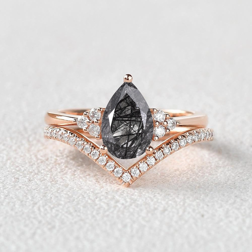 Pear Cut Black Rutilated Quartz Classic Engagement Ring Set 2pcs Quick Shine