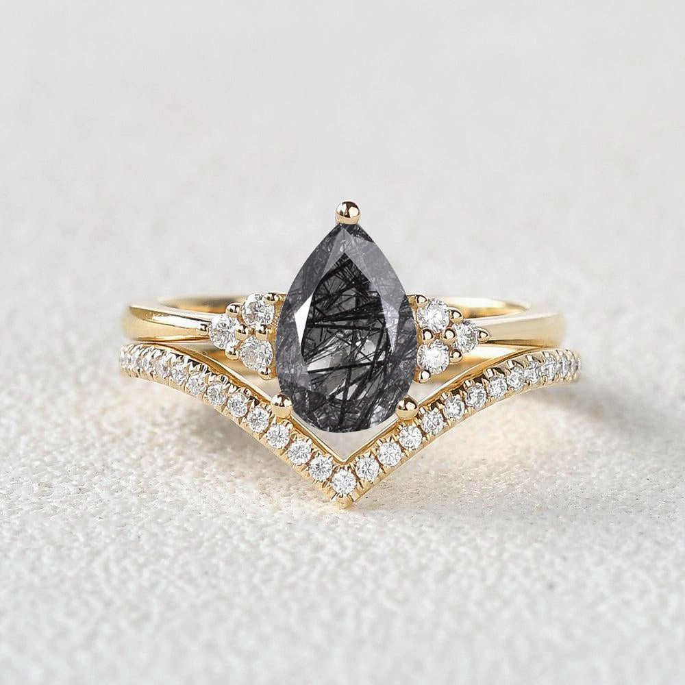 Timeless Shine Jewelry Pear Cut Black Rutilated Quartz Classic Engagement Ring Set 2pcs