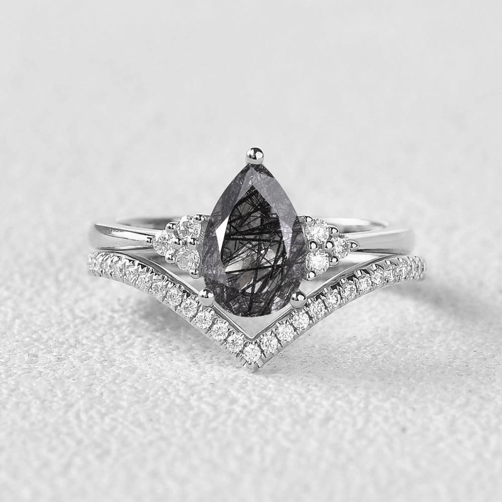 Fresh Statement Premium Sparkle Pear Cut Black Rutilated Quartz Classic Engagement Ring Set 2pcs
