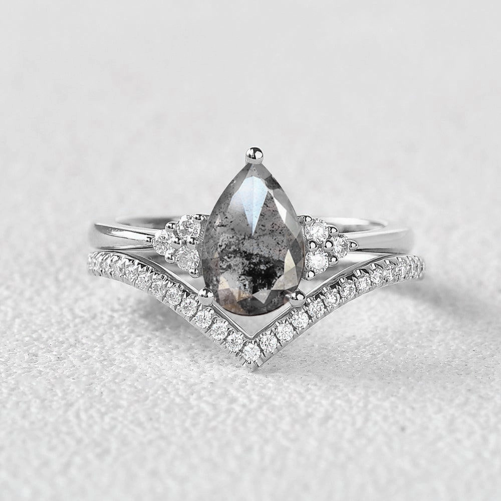 Pear Cut Black Rutilated Quartz Classic Engagement Ring Set 2pcs Romantic Touch