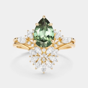 Pear Cut Lab Green Sapphire Cluster Engagement Ring Set 2pcs - Peryn Shine In Light Elegant Beauty