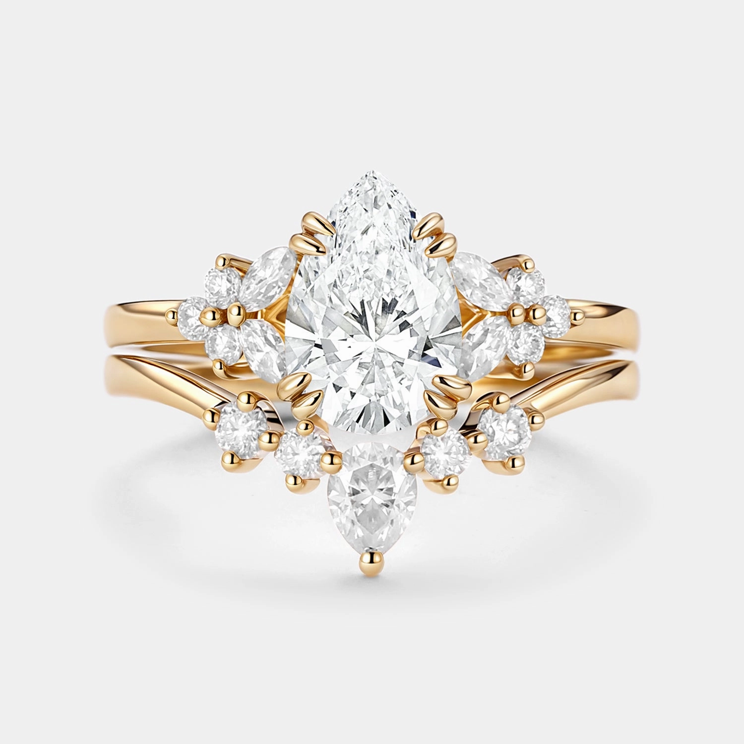 Pear Cut Lab Grown Diamond Curved Engagement Ring Set 2pcs - Cerys Sparkling Touch Refined Contour