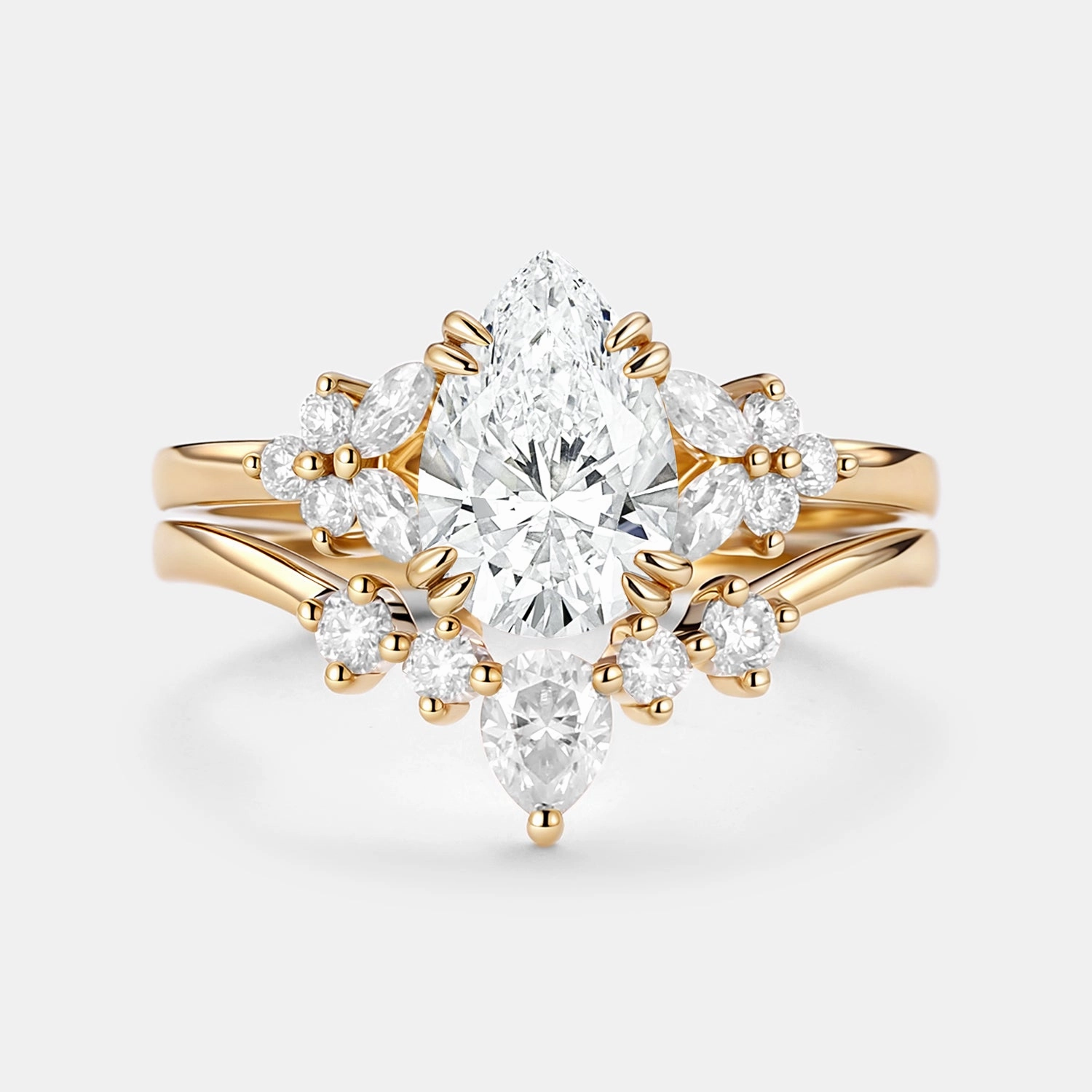 Pear Cut Lab Grown Diamond Curved Engagement Ring Set 2pcs - Cerys Trendy Feel Distinct Detail