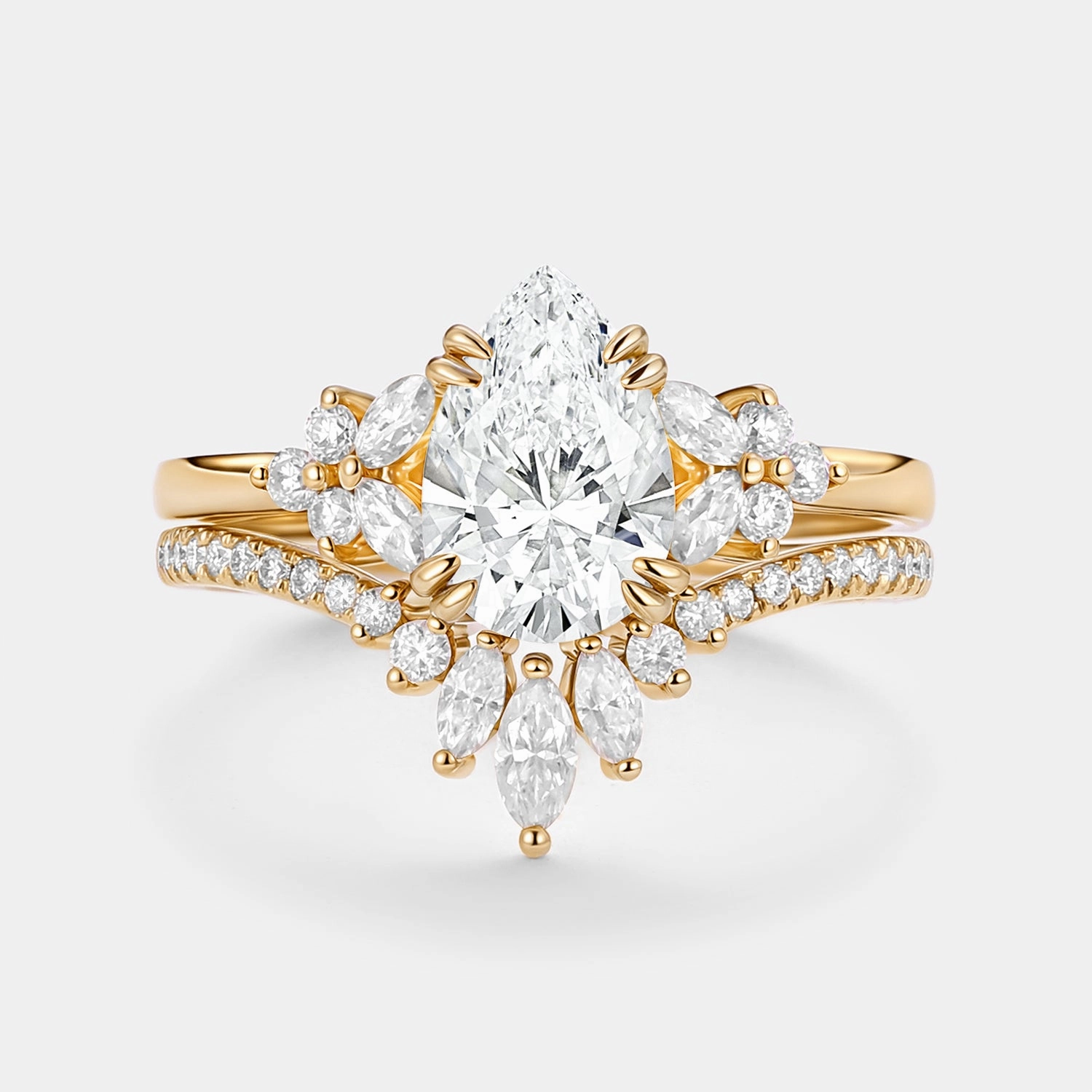 Pear Cut Lab Grown Diamond Curved Engagement Ring Set 2pcs - Della Handcrafted Pieces Occasion Look