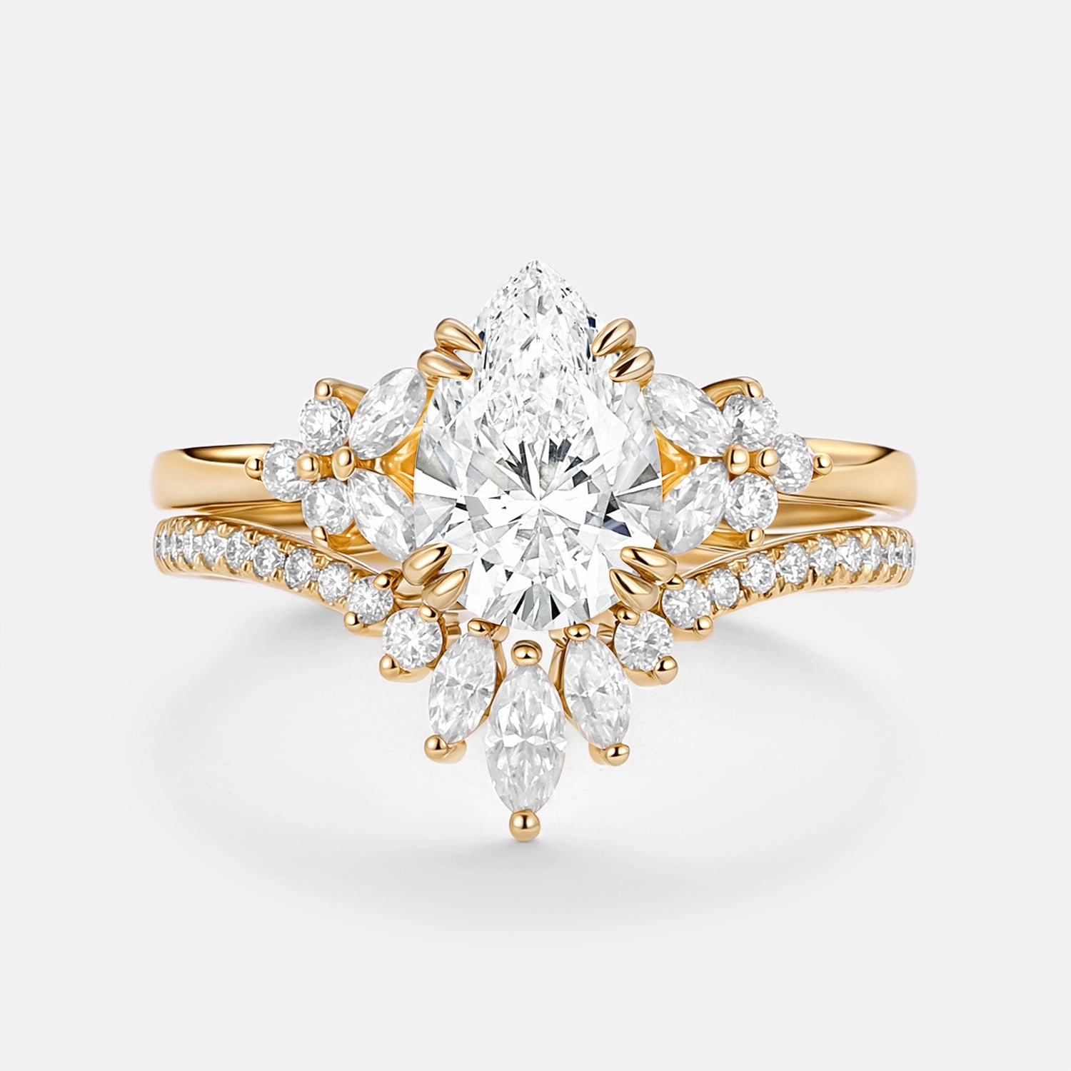 Polished Element Pear Cut Lab Grown Diamond Curved Engagement Ring Set 2pcs - Della