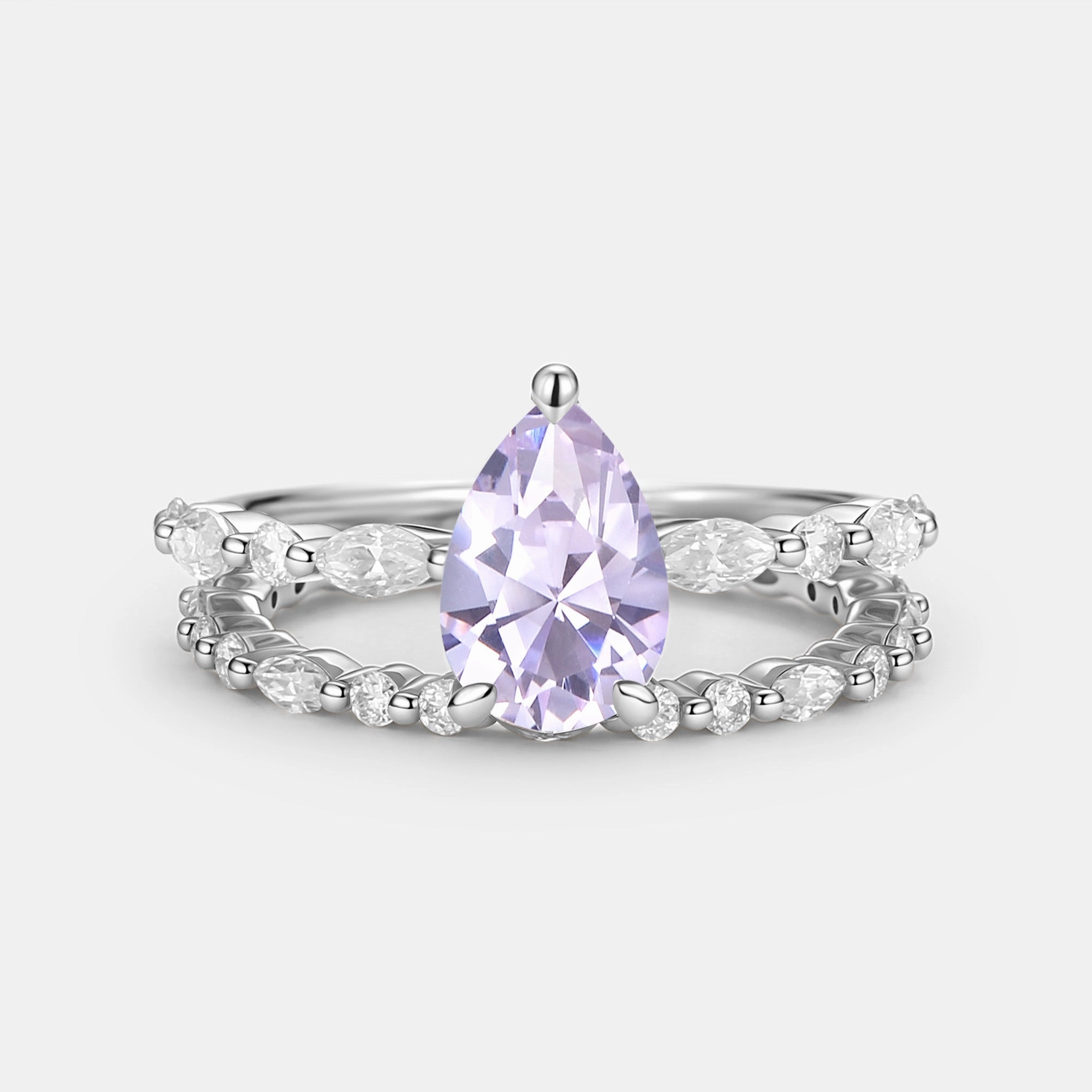 Custom Style Holiday Party Pear Cut Lab Lavender Sapphire Engagement Ring Set 2pcs - Thalia