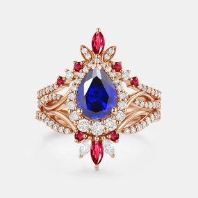 Fashion Gift Pear Cut Lab Sapphire&Lab Ruby Signature Vintage Ring Set 3pcs