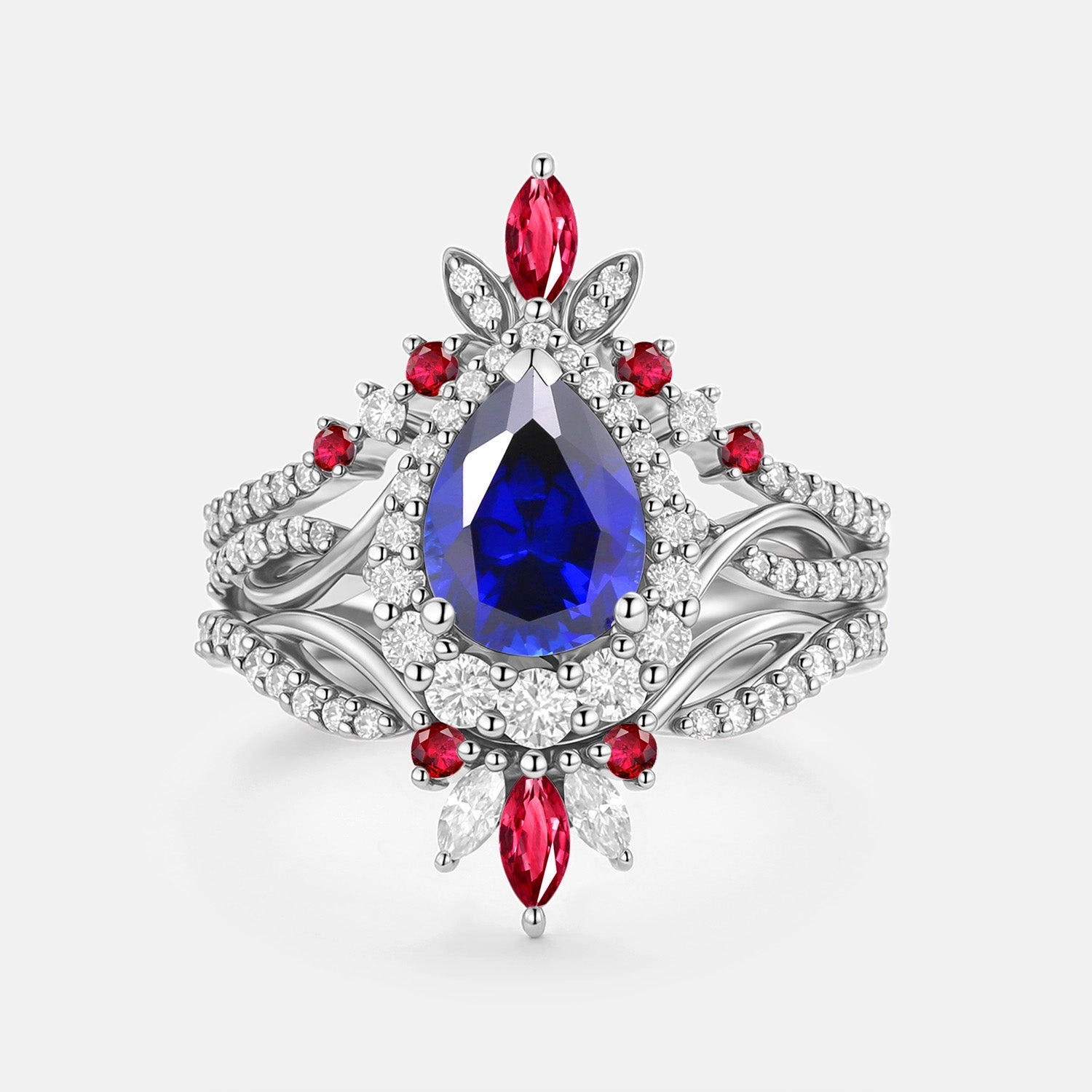 Captivating Form Sparkle Mood Pear Cut Lab Sapphire&Lab Ruby Signature Vintage Ring Set 3pcs