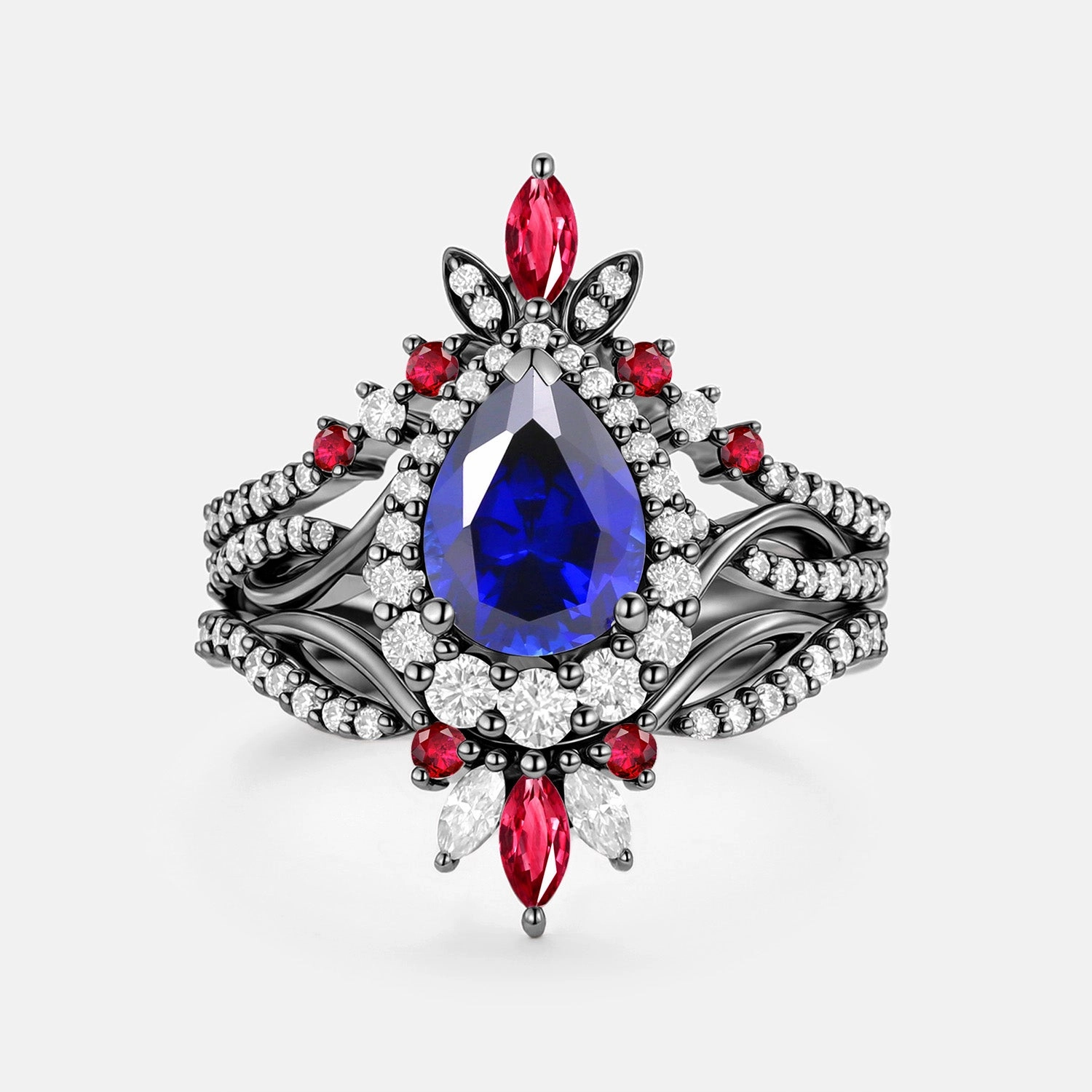 Shiny Creations Pear Cut Lab Sapphire&Lab Ruby Signature Vintage Ring Set 3pcs