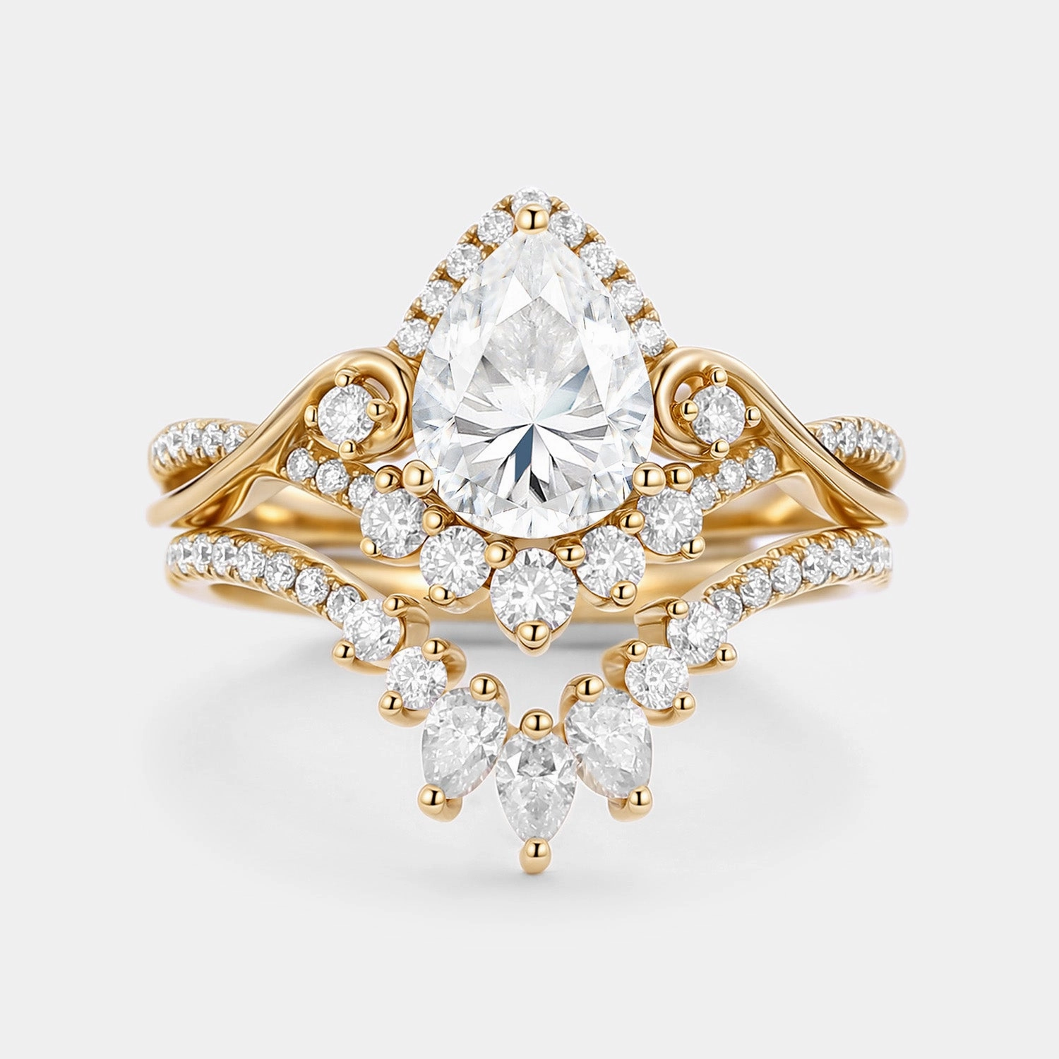 Trend Look Pear Cut Moissanite Cluster Engagement Ring Set 2pcs