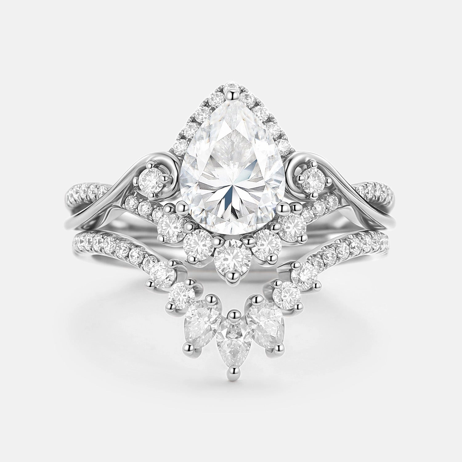 Soft Style Shimmering Design Pear Cut Moissanite Cluster Engagement Ring Set 2pcs