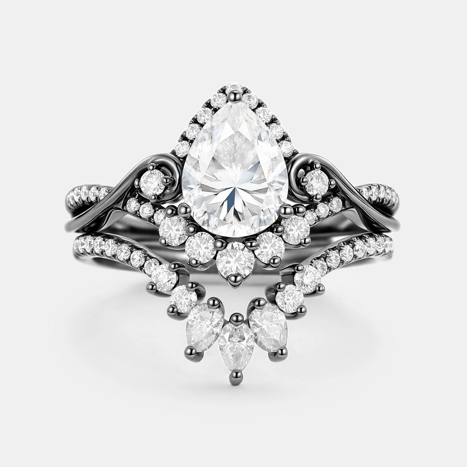 Glittering Details Pear Cut Moissanite Cluster Engagement Ring Set 2pcs