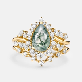 Pear Cut Moss Agate Cluster Engagement Ring Set 2pcs - Kaelin Glistening Sparkle