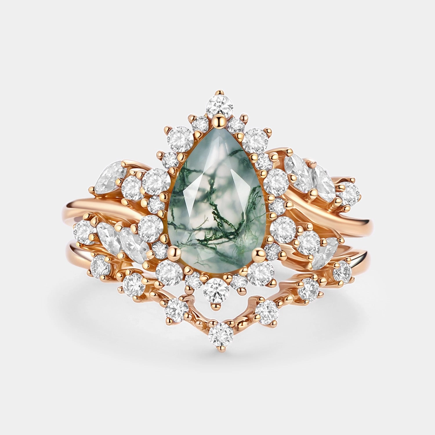 Pear Cut Moss Agate Cluster Engagement Ring Set 2pcs - Kaelin Shiny Details Finishing Accent