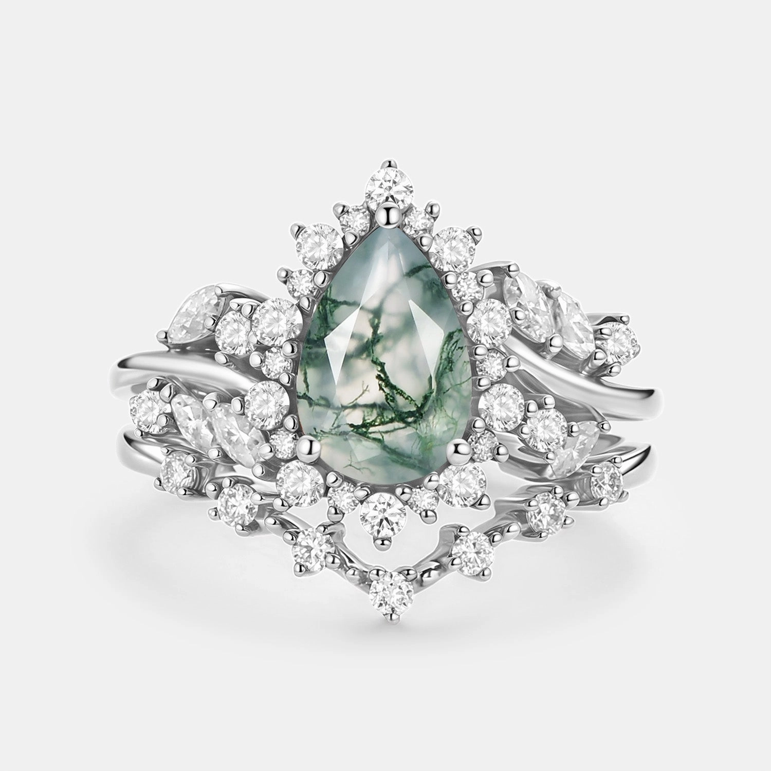 Flat Detail Pear Cut Moss Agate Cluster Engagement Ring Set 2pcs - Kaelin