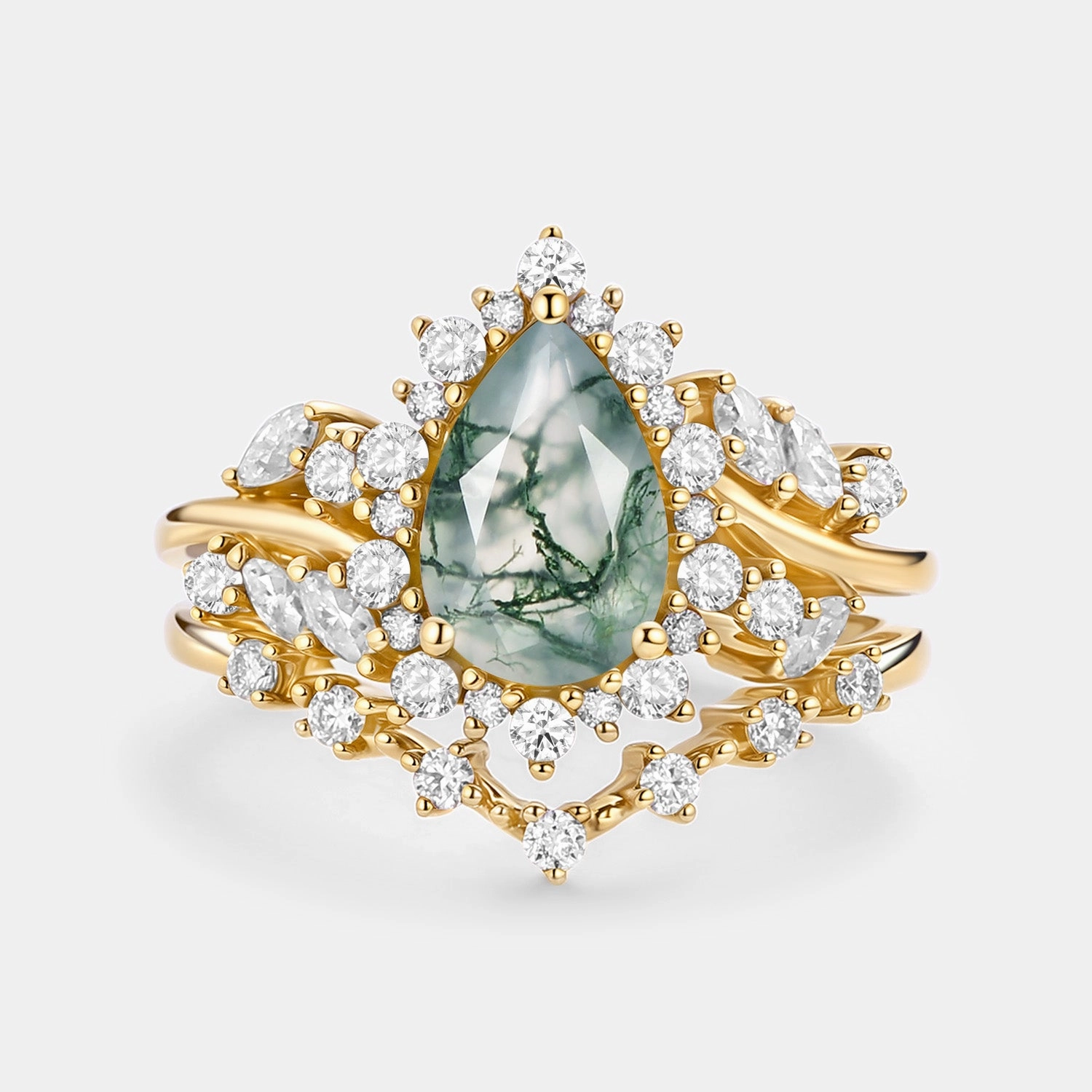 Pear Cut Moss Agate Cluster Engagement Ring Set 2pcs - Kaelin Glistening Sparkle