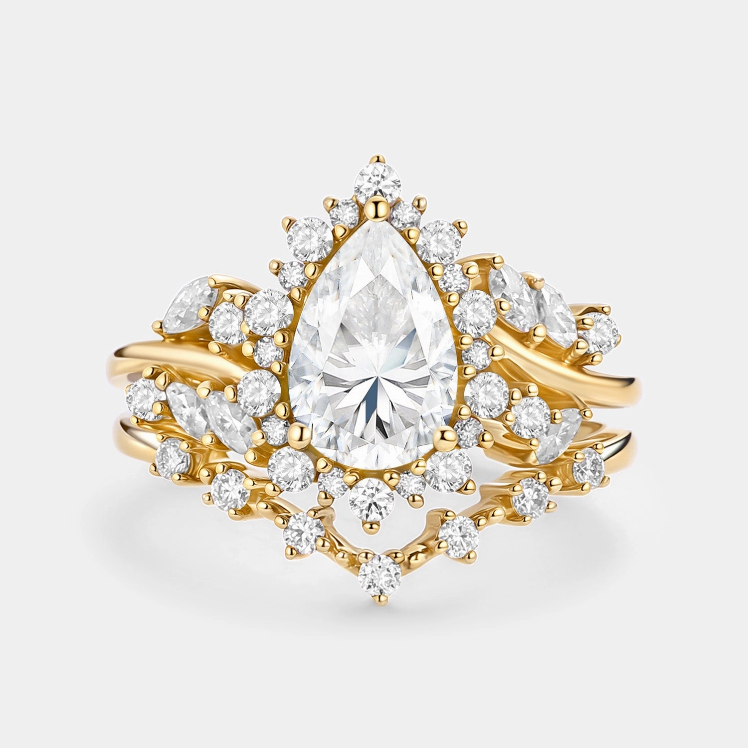 Pear Cut Moss Agate Cluster Engagement Ring Set 2pcs - Kaelin Graceful Sparkle