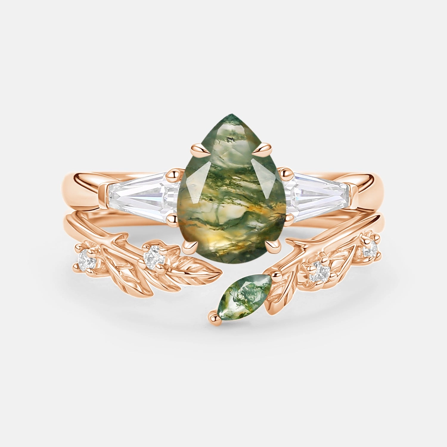 Versatile Fit Pear Cut Moss Agate Engagement Ring Set 2pcs - Goldie