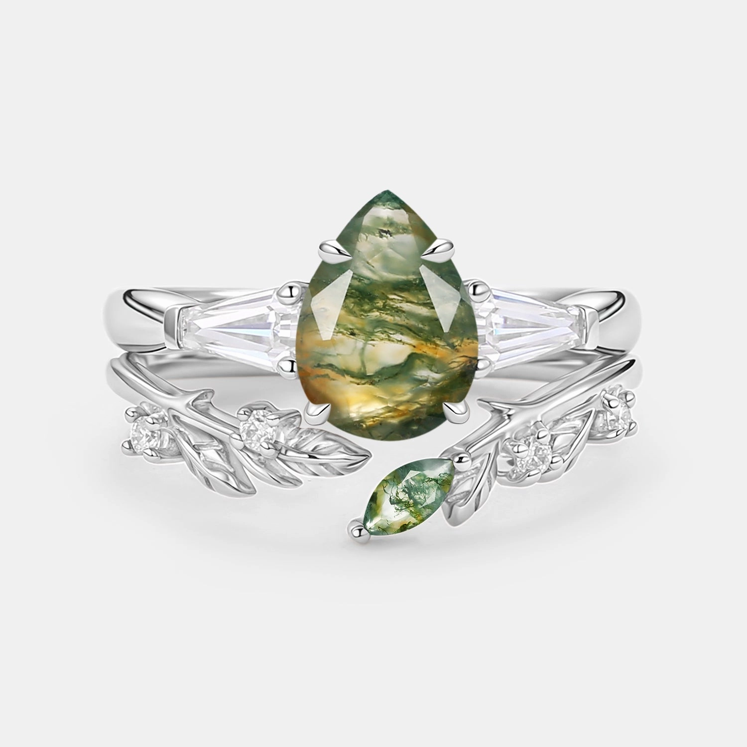 Pear Cut Moss Agate Engagement Ring Set 2pcs - Goldie Luxury Edge