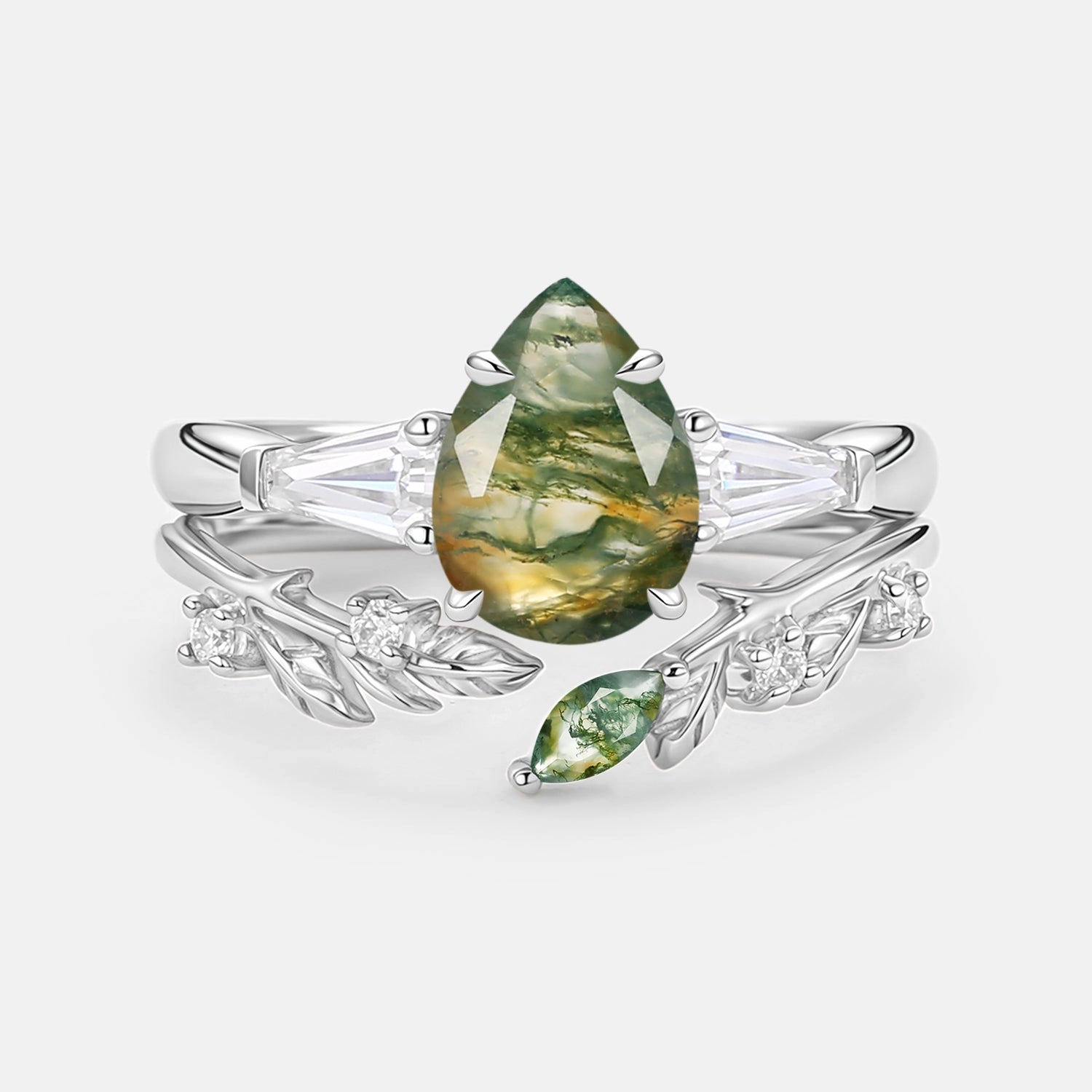 Handmade Details Neutral Tone Pear Cut Moss Agate Engagement Ring Set 2pcs - Goldie