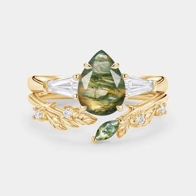 Autumn Glow Pear Cut Moss Agate Engagement Ring Set 2pcs - Goldie