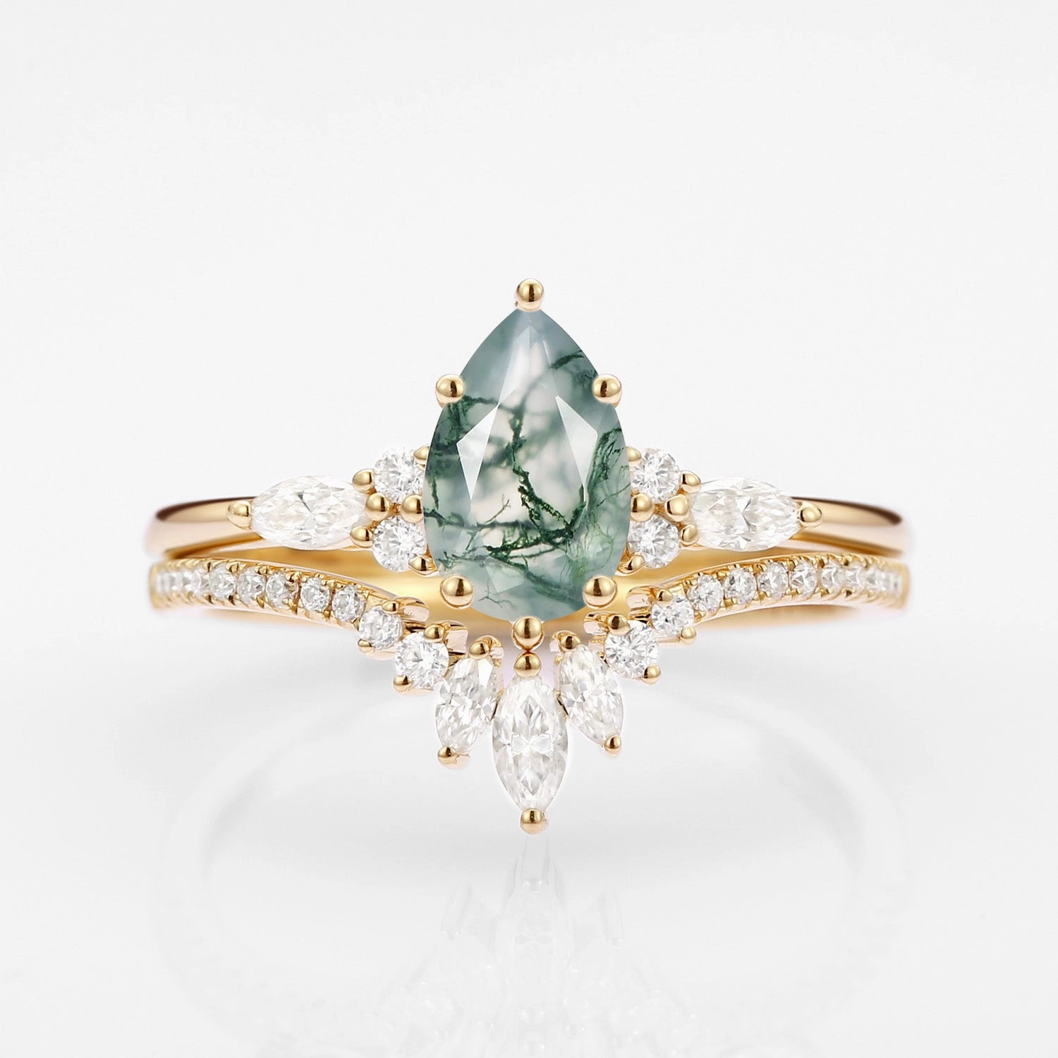 Polished Detail Timeless Shine Craftwork Pear Cut Moss Agate Three Stone Engagement Ring Set 2pcs - Rebecca