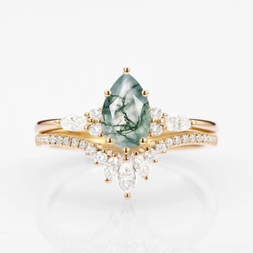 Polished Detail Timeless Shine Craftwork Pear Cut Moss Agate Three Stone Engagement Ring Set 2pcs - Rebecca