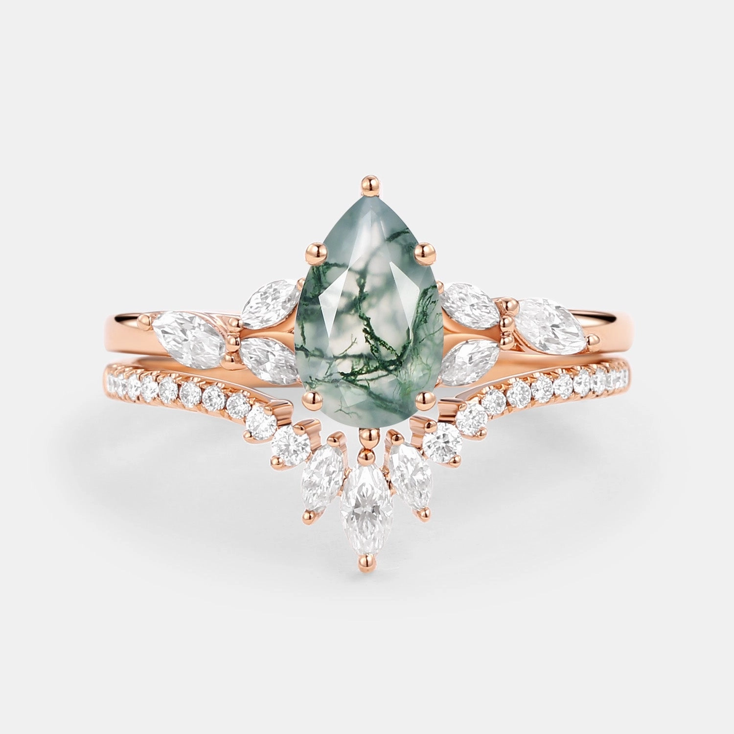 Elegant Snap Pear Cut Moss Agate White Gold Engagement Ring Set 2pcs - July