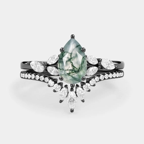 Pear Cut Moss Agate White Gold Engagement Ring Set 2pcs - July Enchanted Edge