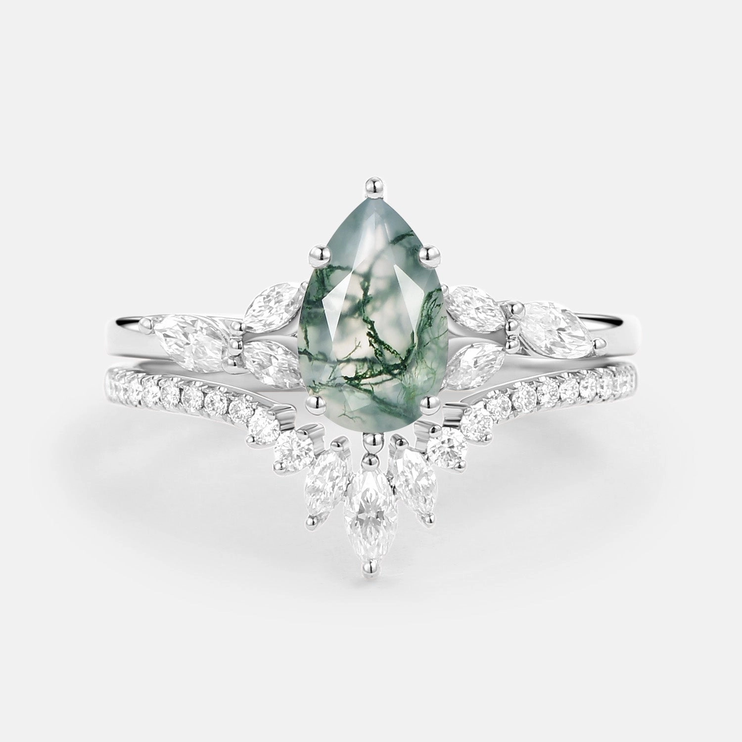 Distinct Feature Everyday Wear Pear Cut Moss Agate White Gold Engagement Ring Set 2pcs - July