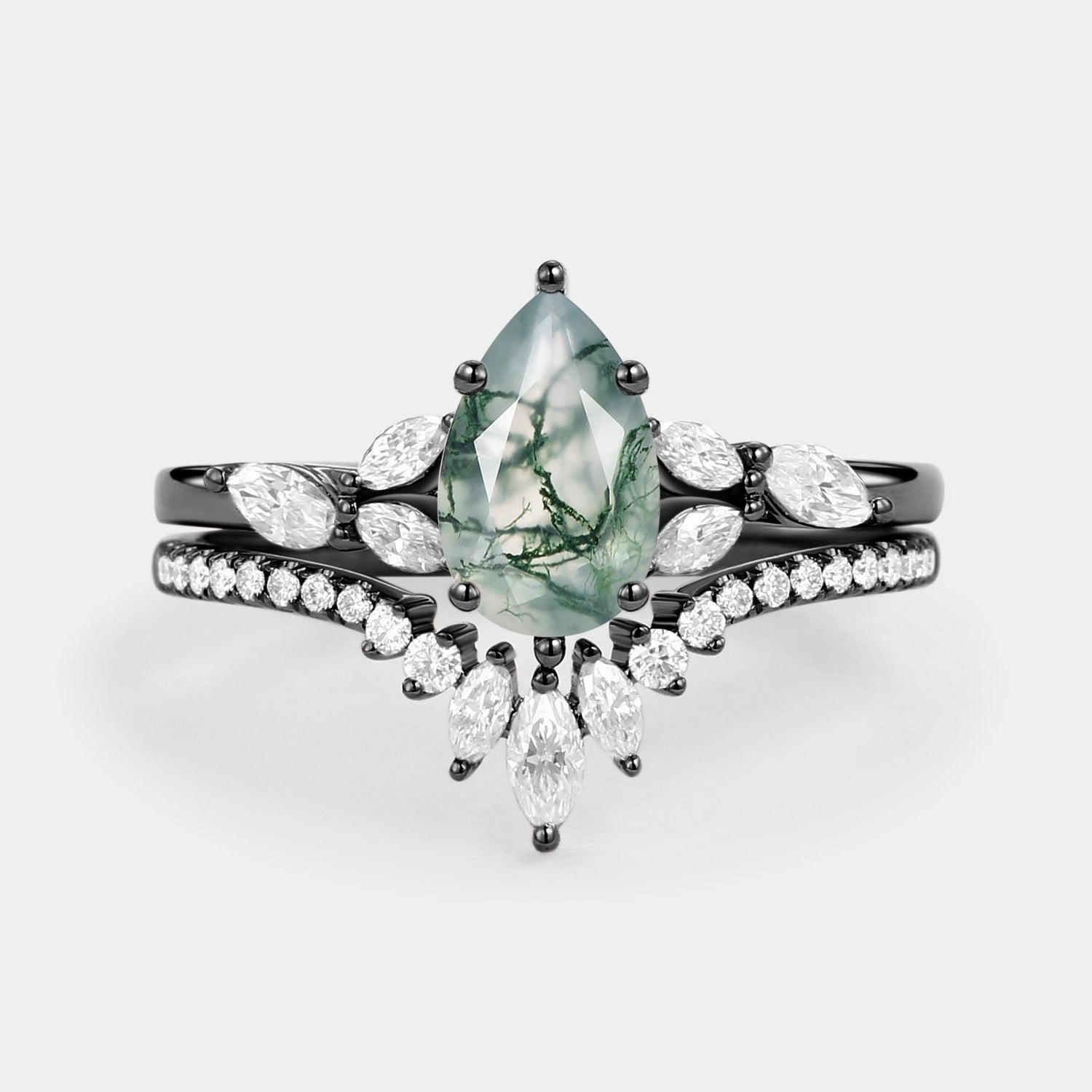 Pear Cut Moss Agate White Gold Engagement Ring Set 2pcs - July Enchanted Edge