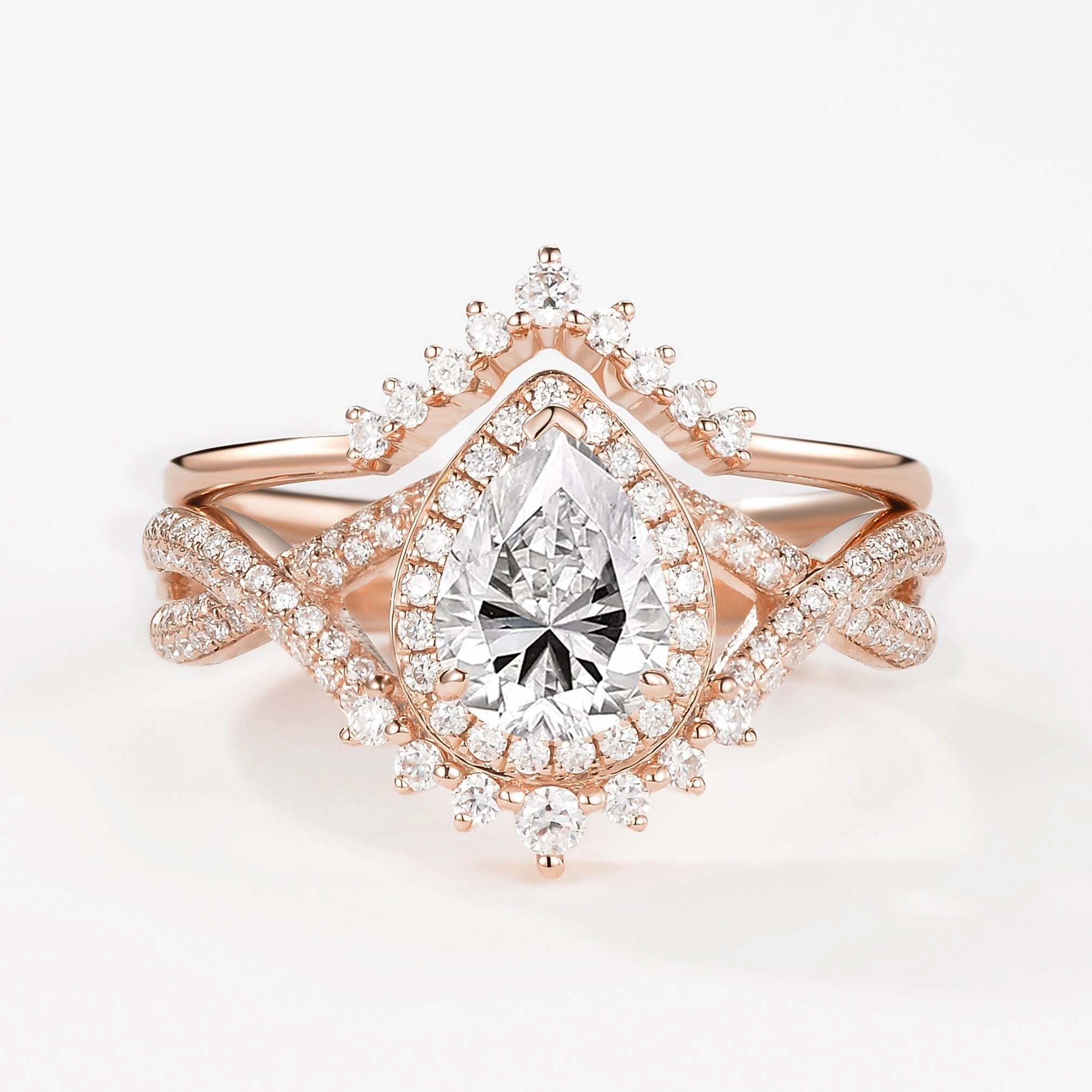 Pear Moissanite Halo Infinity Ring Set 2pcs - Valentina Glow Detail Captivating Form