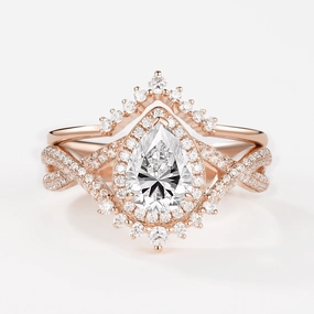 Pear Moissanite Halo Infinity Ring Set 2pcs - Valentina Glow Detail Captivating Form