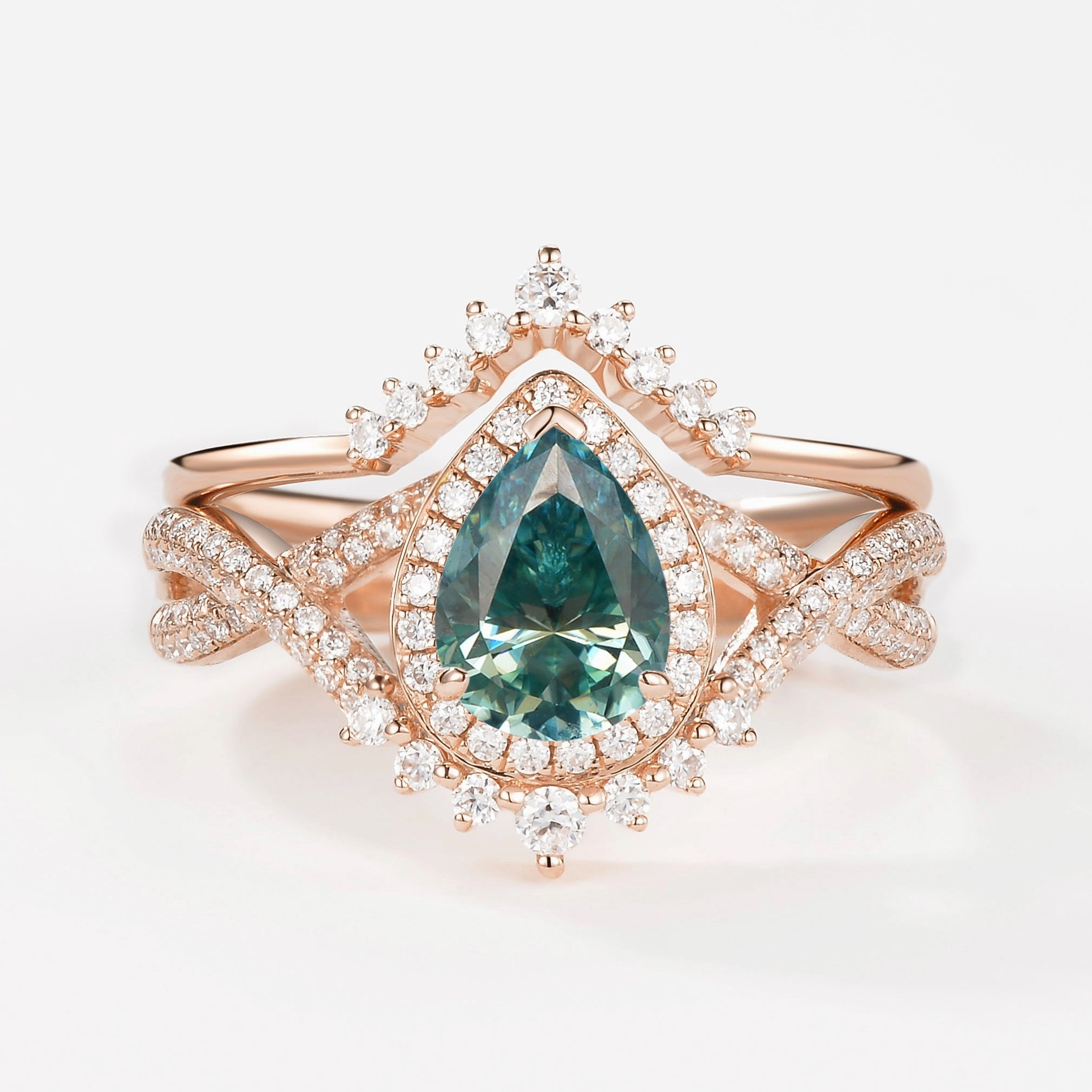 Pear Moissanite Halo Infinity Ring Set 2pcs - Valentina Timeless Spark Classic Gift