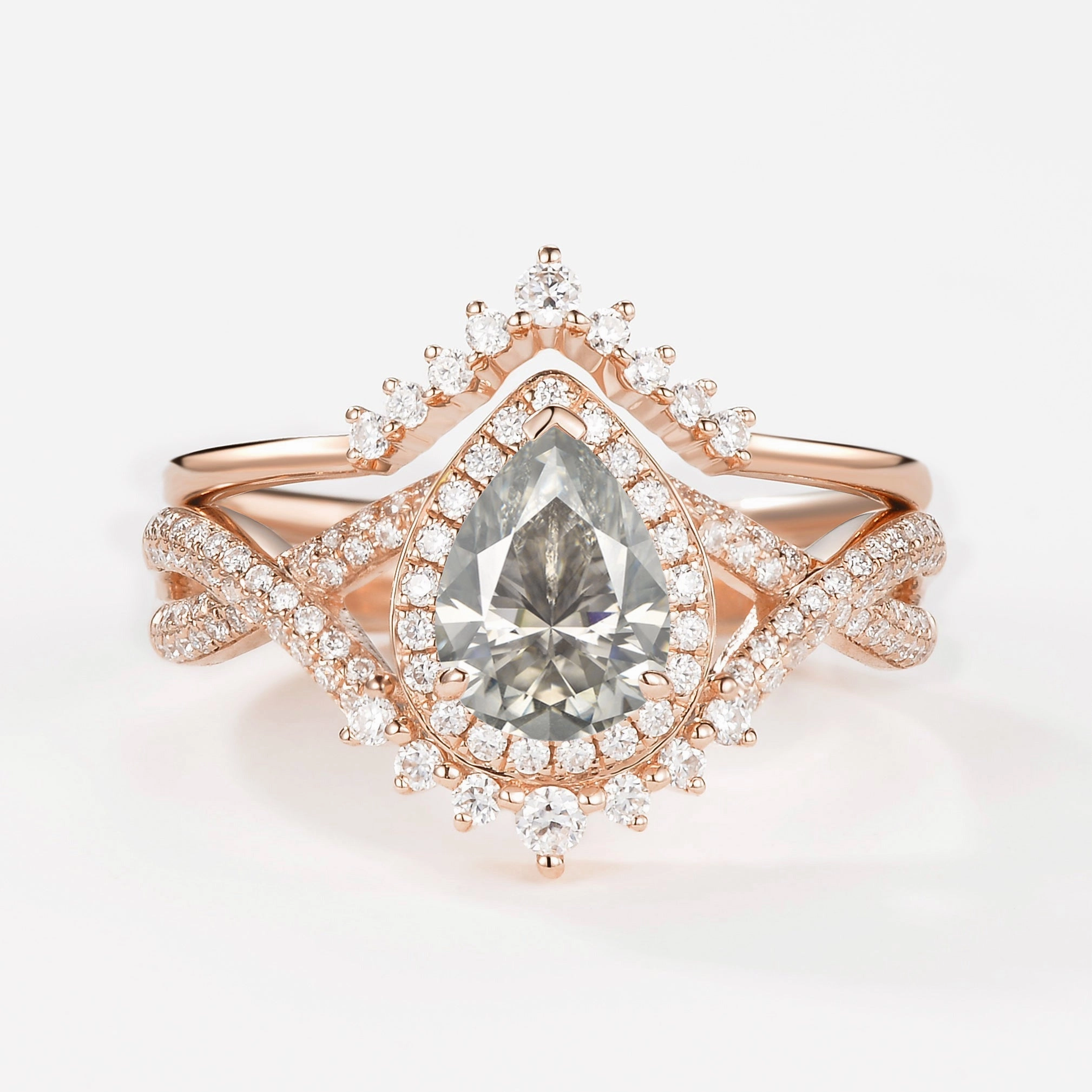 Pear Moissanite Halo Infinity Ring Set 2pcs - Valentina Exclusive Design