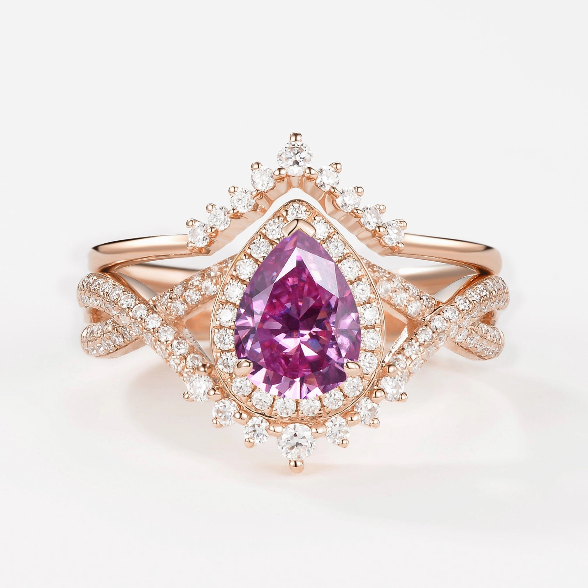 Evening Shine Understated Feature Pear Moissanite Halo Infinity Ring Set 2pcs - Valentina