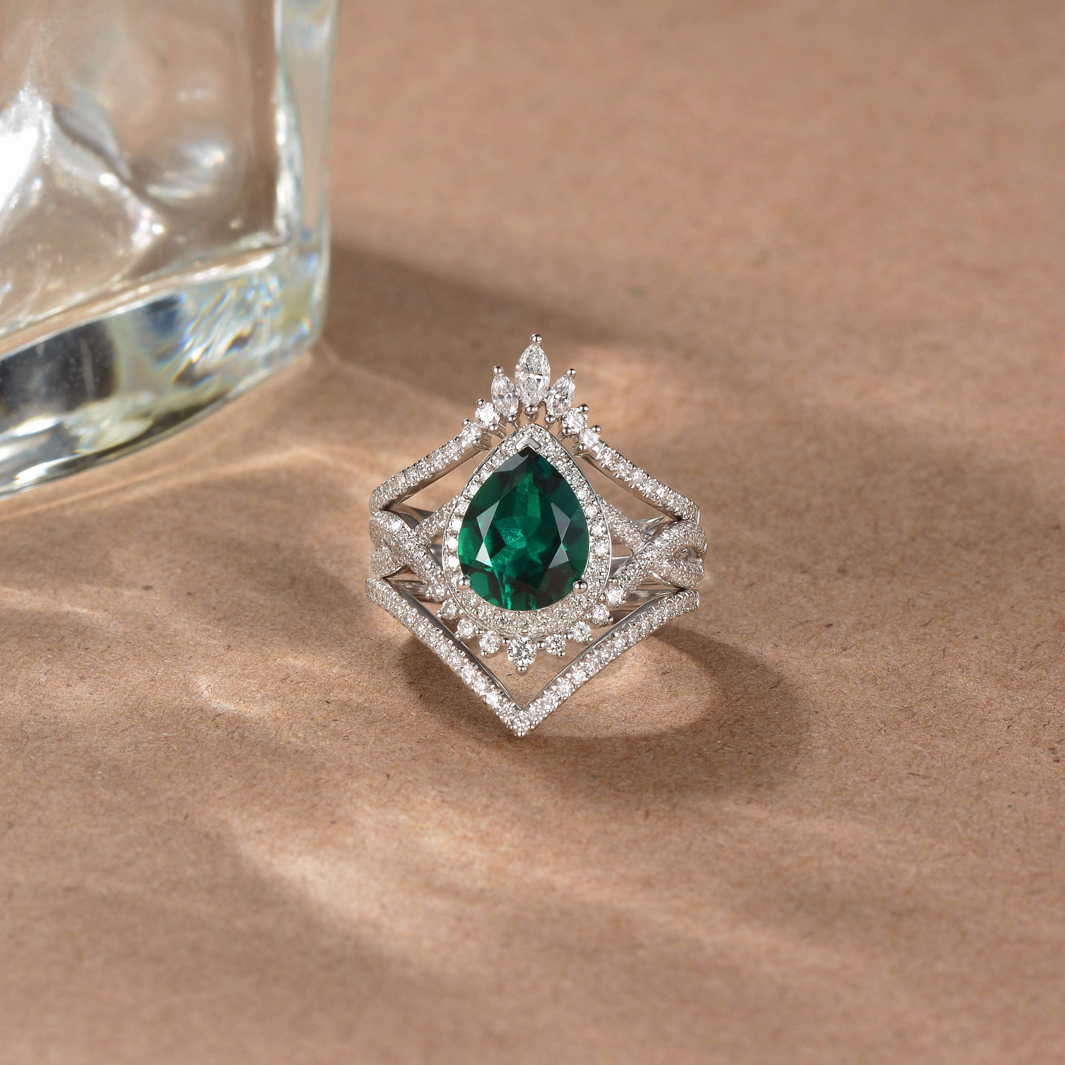 Trendy Charm Pear Moissanite Halo Infinity Ring Sets 3pcs