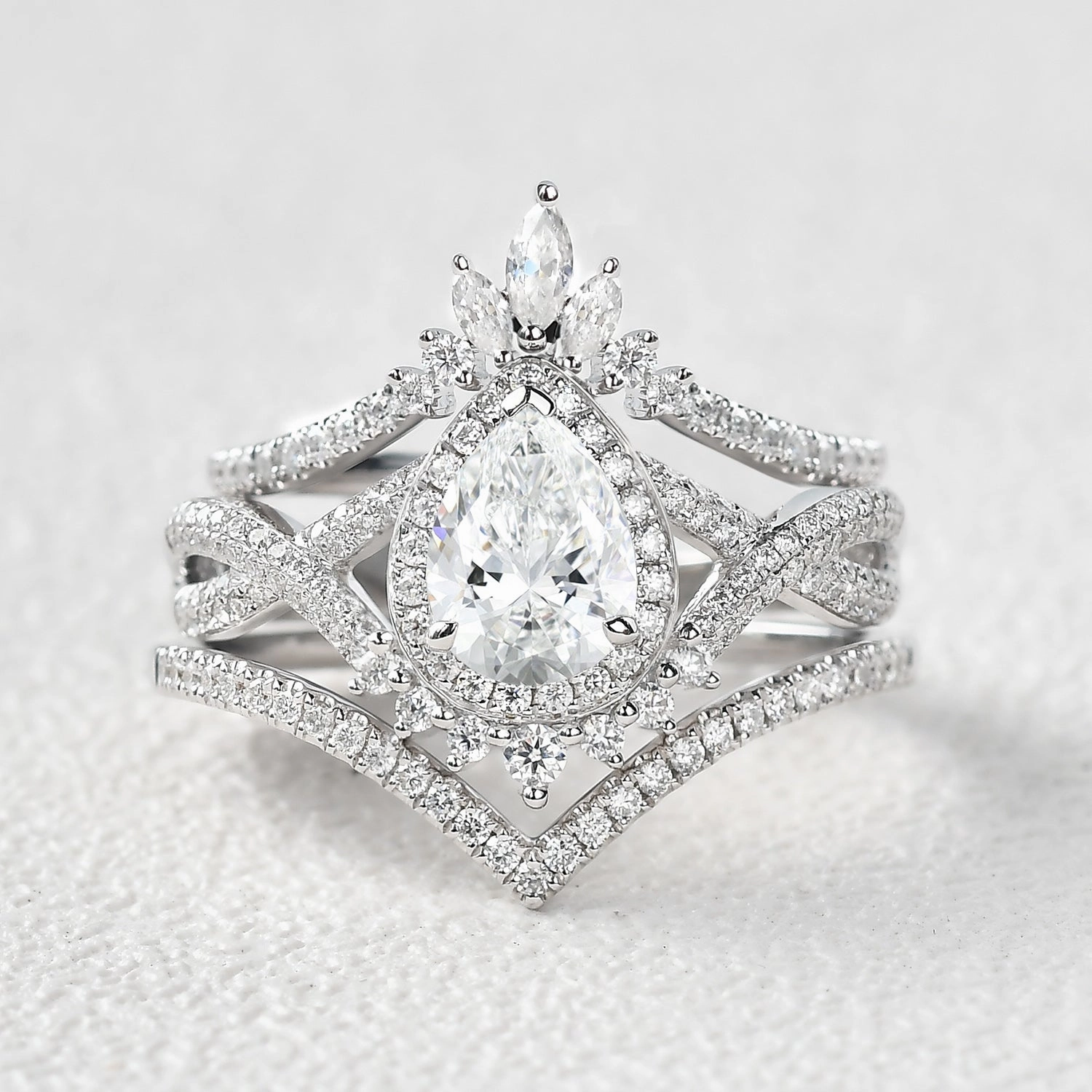 Glam Vibes Pear Moissanite Halo Infinity Ring Sets 3pcs