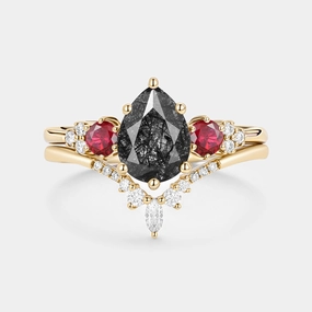 Pear Shaped Black Rutilated Quartz Cluster Ring Set 2pcs - Fern Everyday Duo