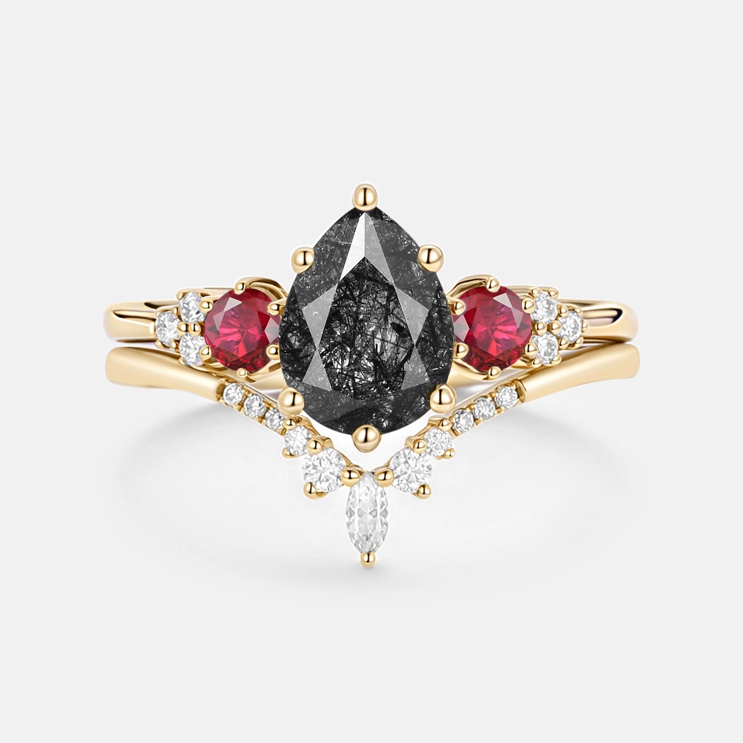 Vibrant Colors Pear Shaped Black Rutilated Quartz Cluster Ring Set 2pcs - Fern