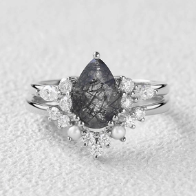 Pear Shaped Black Rutilated Quartz Vintage Stacking Ring Set 2pcs Dazzling Effect