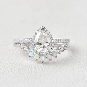 Pear Shaped Moissanite & Opal White Gold Ring Set 2pcs Trendy Gifts Modern Style