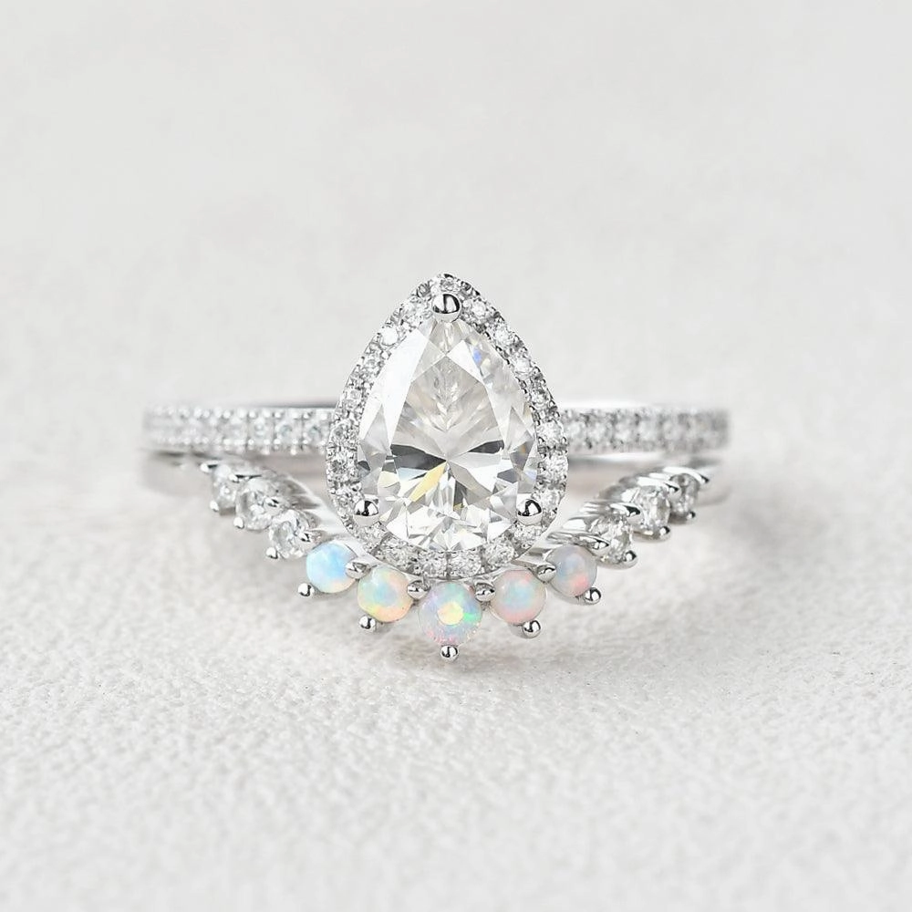 Pear Shaped Moissanite & Opal White Gold Ring Set 2pcs Trendy Gifts Modern Style