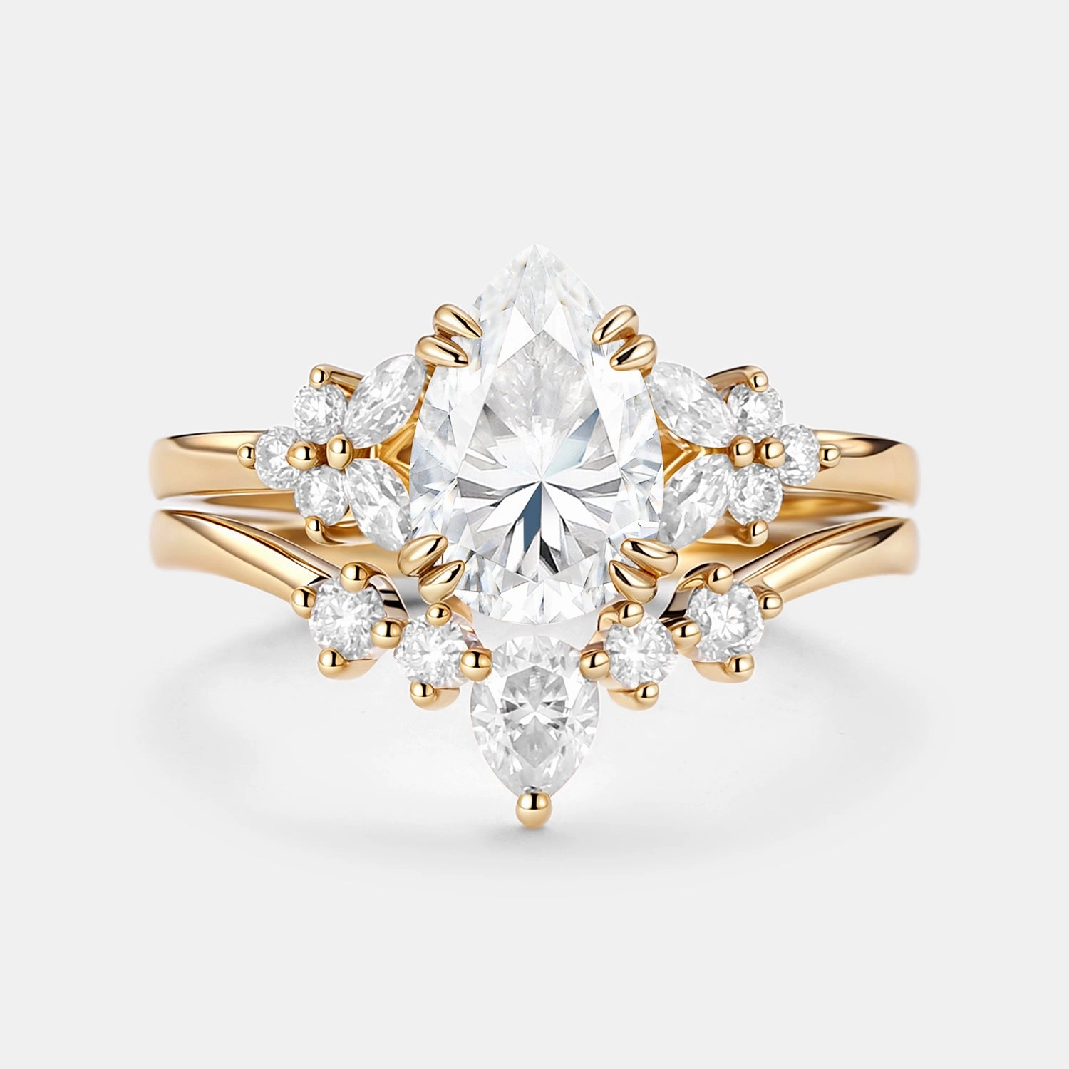 Pear Shaped Moissanite Cluster Chevron Gold Ring Set 2pcs - Cerys Sleek Edge Charming Jewelry Design